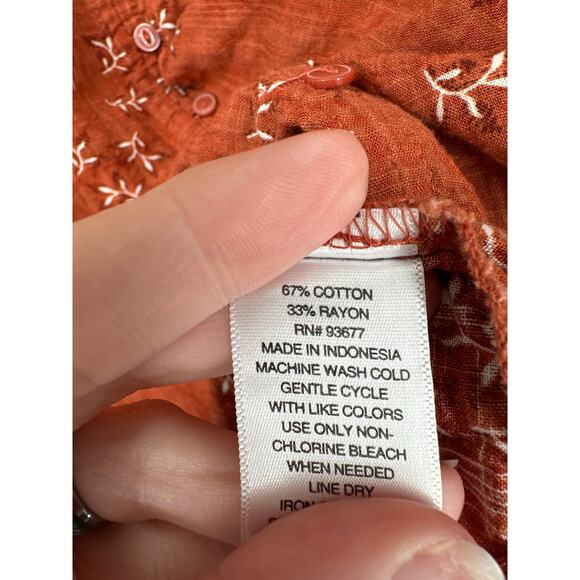 Ana Top Womens XL Orange Rust Floral Flowy Cottage Button Bohemian Long Sleeve - Picture 4 of 7